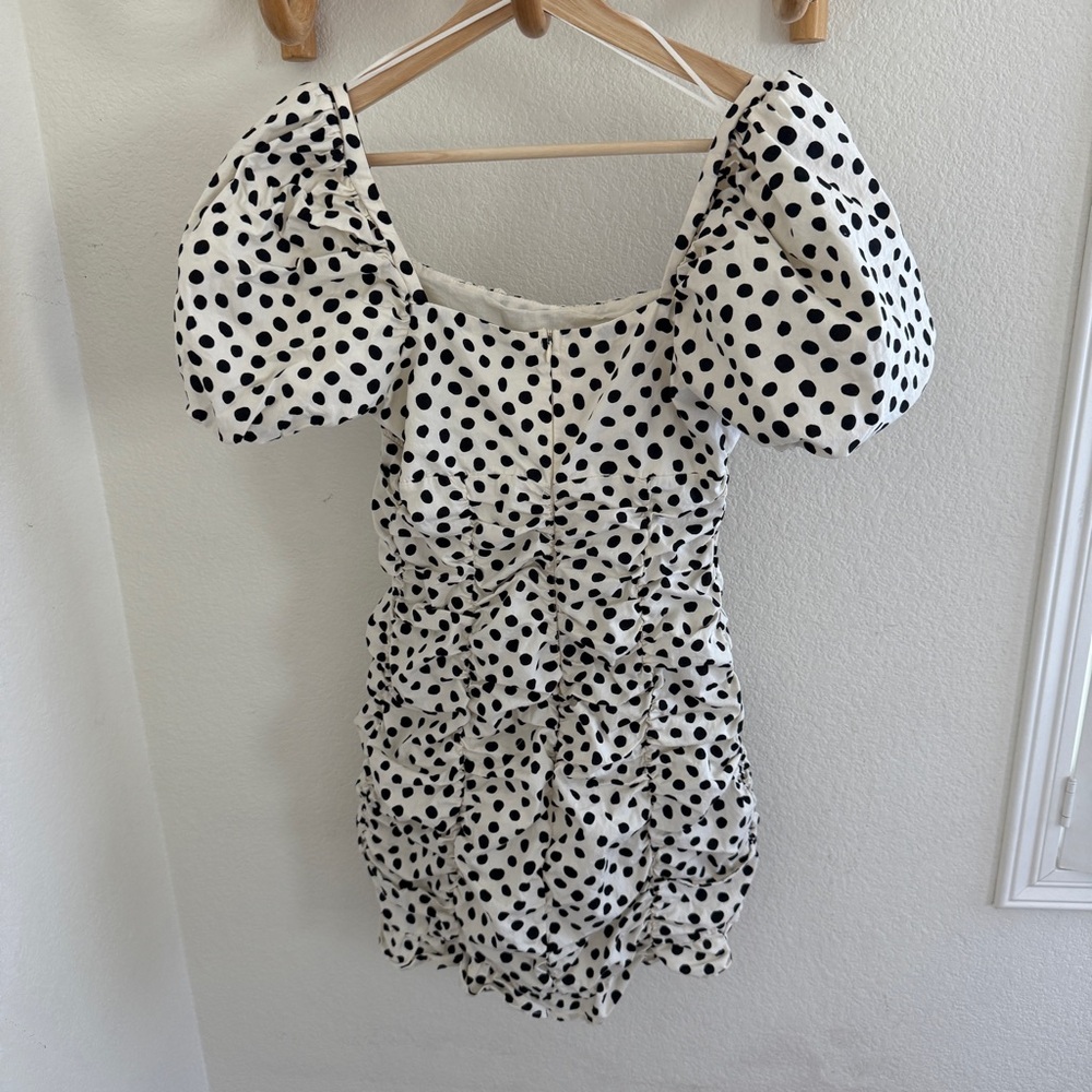 Zara Ruched Polka Dot Puff Sleeve Black & White Mini Dress retro cottagecore - Picture 4 of 7